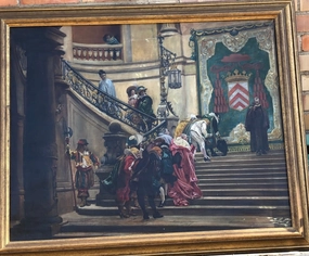 EARLY FRAMED OIL PAINTING OF COURTESANS classic mural painting