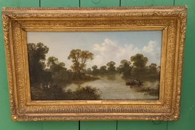EARLY FRAMED OIL PAINTING "ON THE THAMES" SIGNED S. J. BARBER classic mural painting