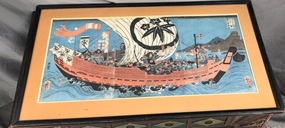 EARLY JAPANESE WAR SHIP PAINTING-SIGNED UTAGAW HIROSIGE classic mural painting