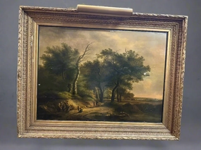 EARLY LANDSCAPE OIL PAINTING IN AS FOUND FRAME classic mural painting