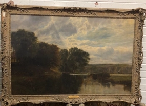 EARLY LARGE FRAMED RIVERSCAPE OIL PAINTING BY VICAT COLE classic mural painting