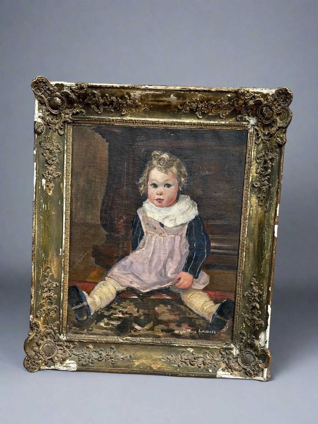 EARLY OIL PAINTING OF A CHILD IN AS FOUND FRAME BY L. AUBREE classic mural painting