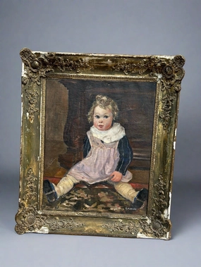 EARLY OIL PAINTING OF A CHILD IN AS FOUND FRAME BY L. AUBREE classic mural painting
