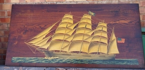EARLY OIL PAINTING OF A CLIPPER SHIP ON BOARD classic mural painting