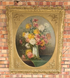 EARLY ORNATE FRAME FLORAL OIL PAINTING OF CHRYSANTHEMUMS classic mural painting