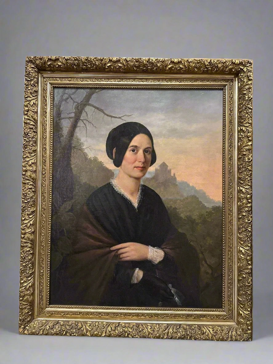 EARLY PORTRAIT PAINTING OF WOMAN IN GILT FRAME classic mural painting