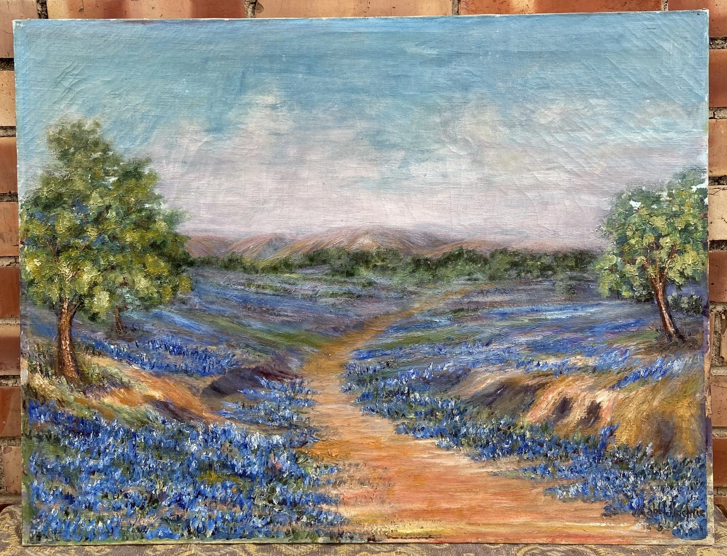 EARLY TEXAS UNFRAMED OIL PAINTING BLUEBONNET SIGNED MABEL LOCHREE - AS FOUND classic mural painting