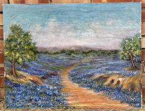 EARLY TEXAS UNFRAMED OIL PAINTING BLUEBONNET SIGNED MABEL LOCHREE - AS FOUND classic mural painting