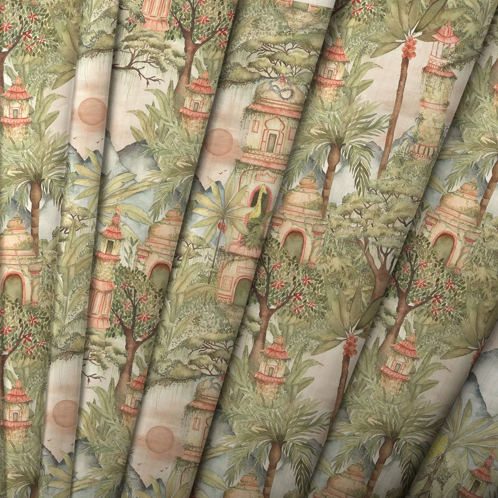 Eden Ruins Printed Cotton Fabric Green