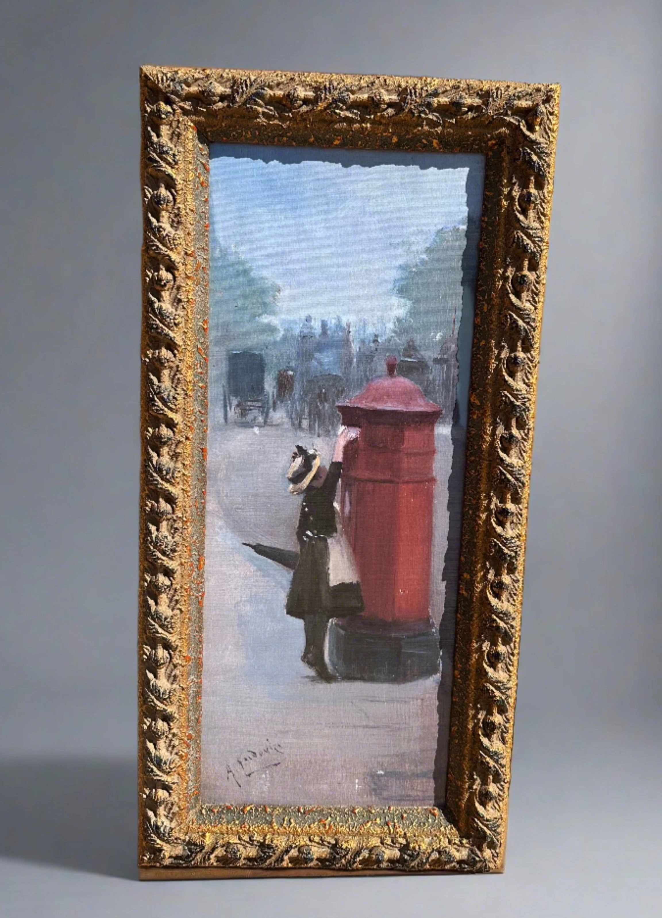 EDWARDIAN STYLE PAINTING OF A LITTLE GIRL MAILING A LETTER classic mural painting