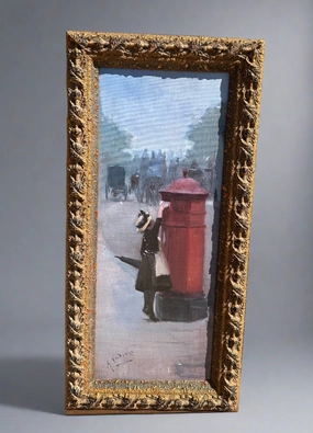 EDWARDIAN STYLE PAINTING OF A LITTLE GIRL MAILING A LETTER classic mural painting