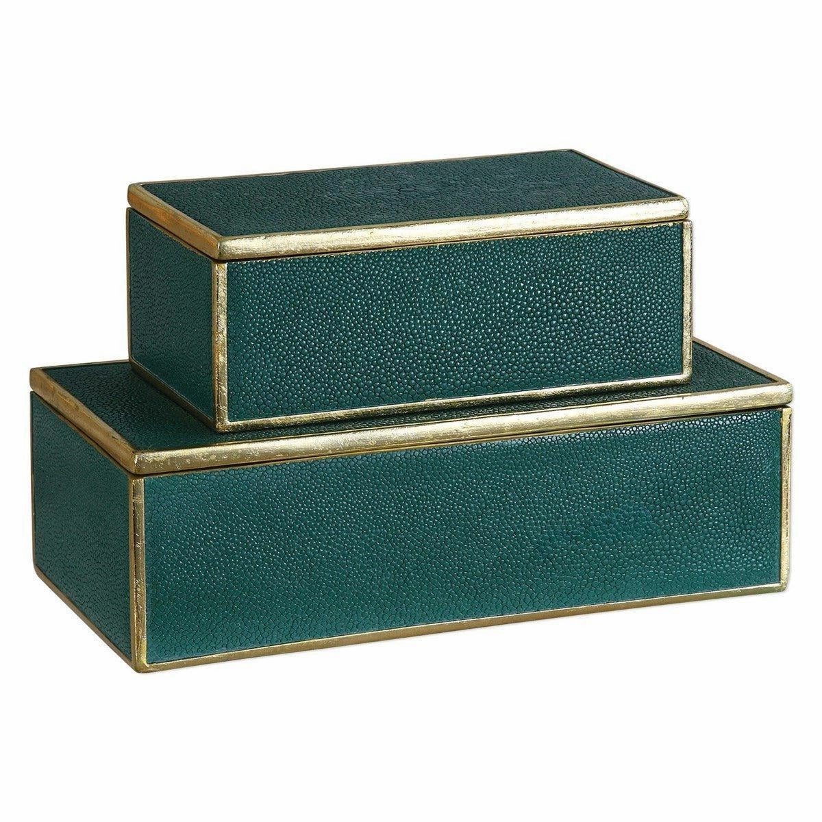 Emerald Green Decorative Storage Boxes with Gold Leaf Trim, Set of 2 home display ornament