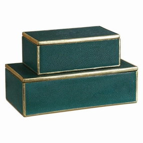 Emerald Green Decorative Storage Boxes with Gold Leaf Trim, Set of 2 home display ornament