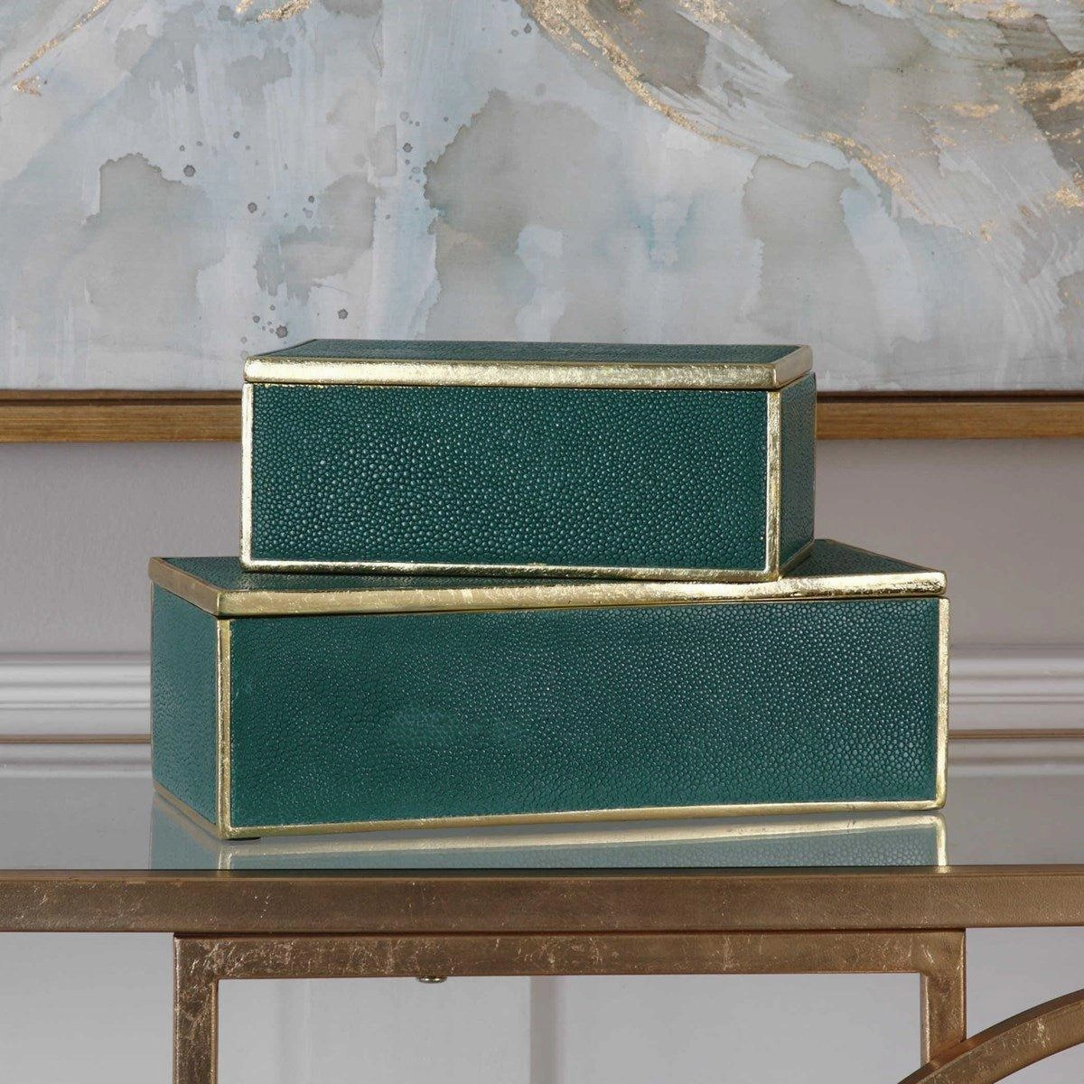 Emerald Green Decorative Storage Boxes with Gold Leaf Trim, Set of 2