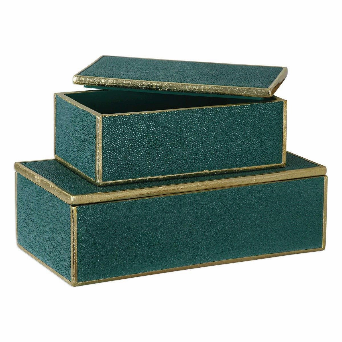 Emerald Green Decorative Storage Boxes with Gold Leaf Trim, Set of 2