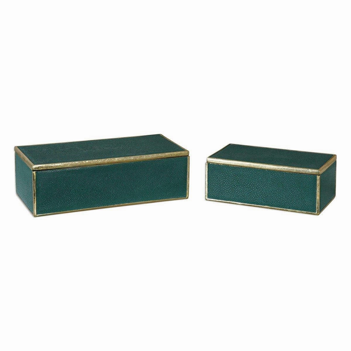 Emerald Green Decorative Storage Boxes with Gold Leaf Trim, Set of 2