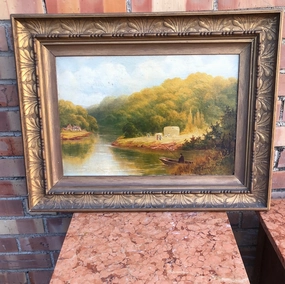 ENGLISH LANDSCAPE OIL PAINTING SIGNED HENRY GUMMERY"ON THE SEVERN NEAR ARLEY" classic mural painting