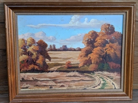 FALL LANDSCAPE OIL PAINTING OF TREES AND FIELD AS IS classic mural painting