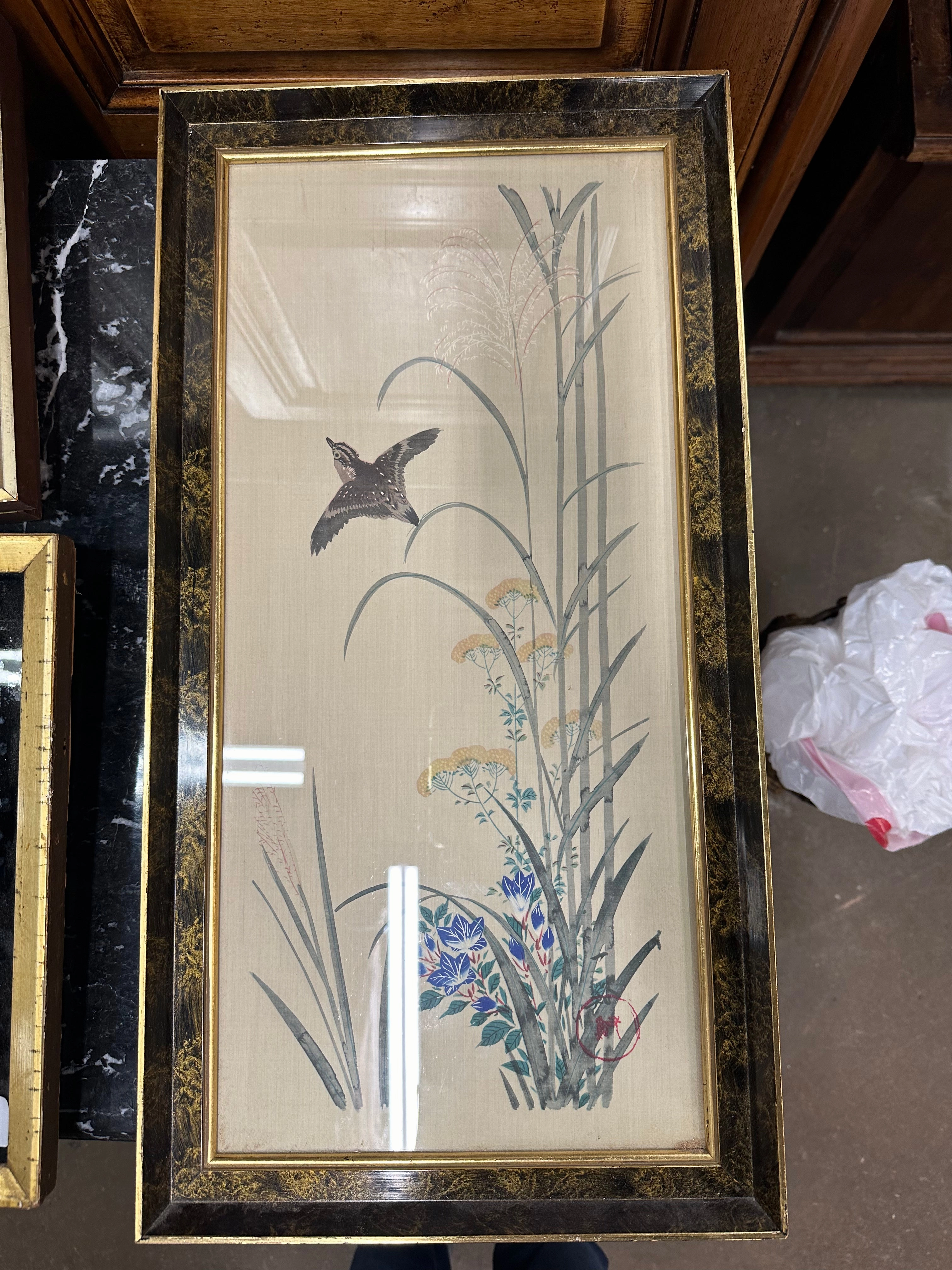 FANCY FRAMED BIRD ON SILK PAINTING WITH WITH BLUE FLOWERS classic mural painting