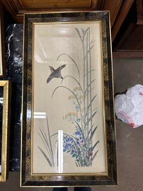 FANCY FRAMED BIRD ON SILK PAINTING WITH WITH BLUE FLOWERS classic mural painting