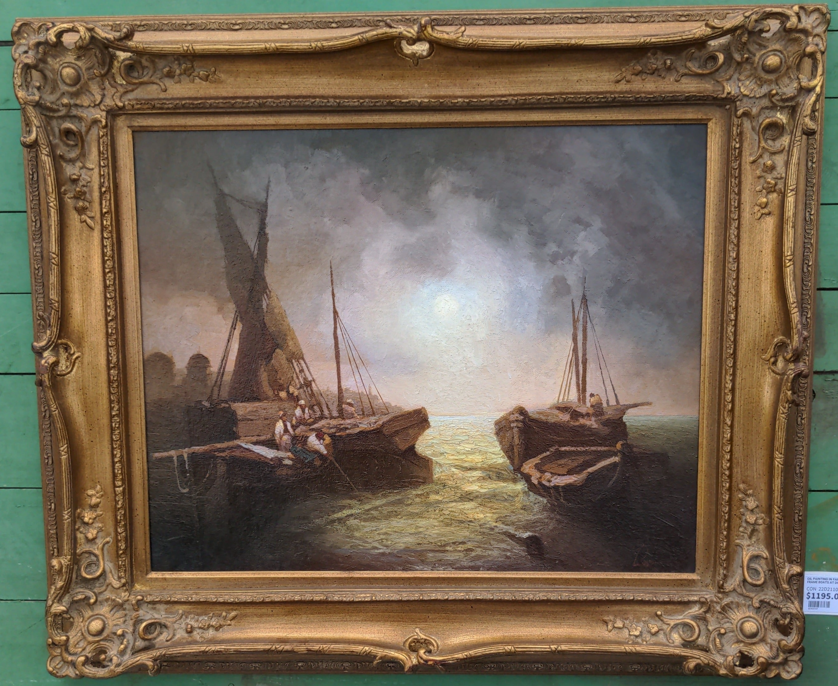 FANCY PIERCED GOLD FRAMED OIL PAINTING OF BOATS AT DOCK WITH MEN FISHING classic mural painting