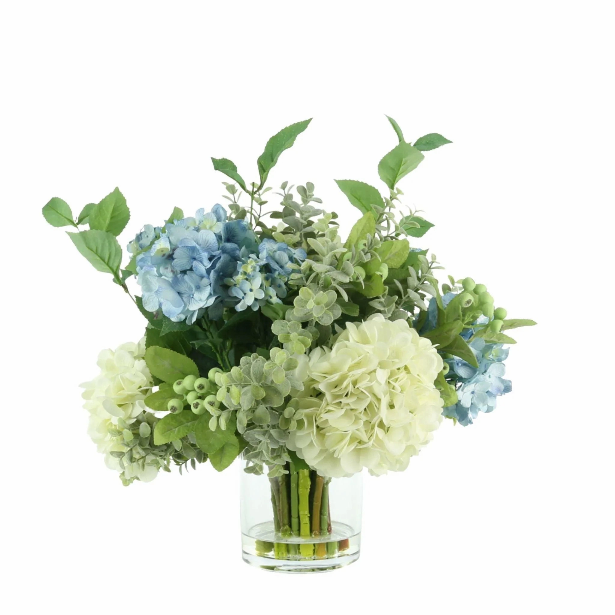 Faux Blue, White & Green Hydrangeas, Berries and Eucalyptus in a Glass Vase home display ornament