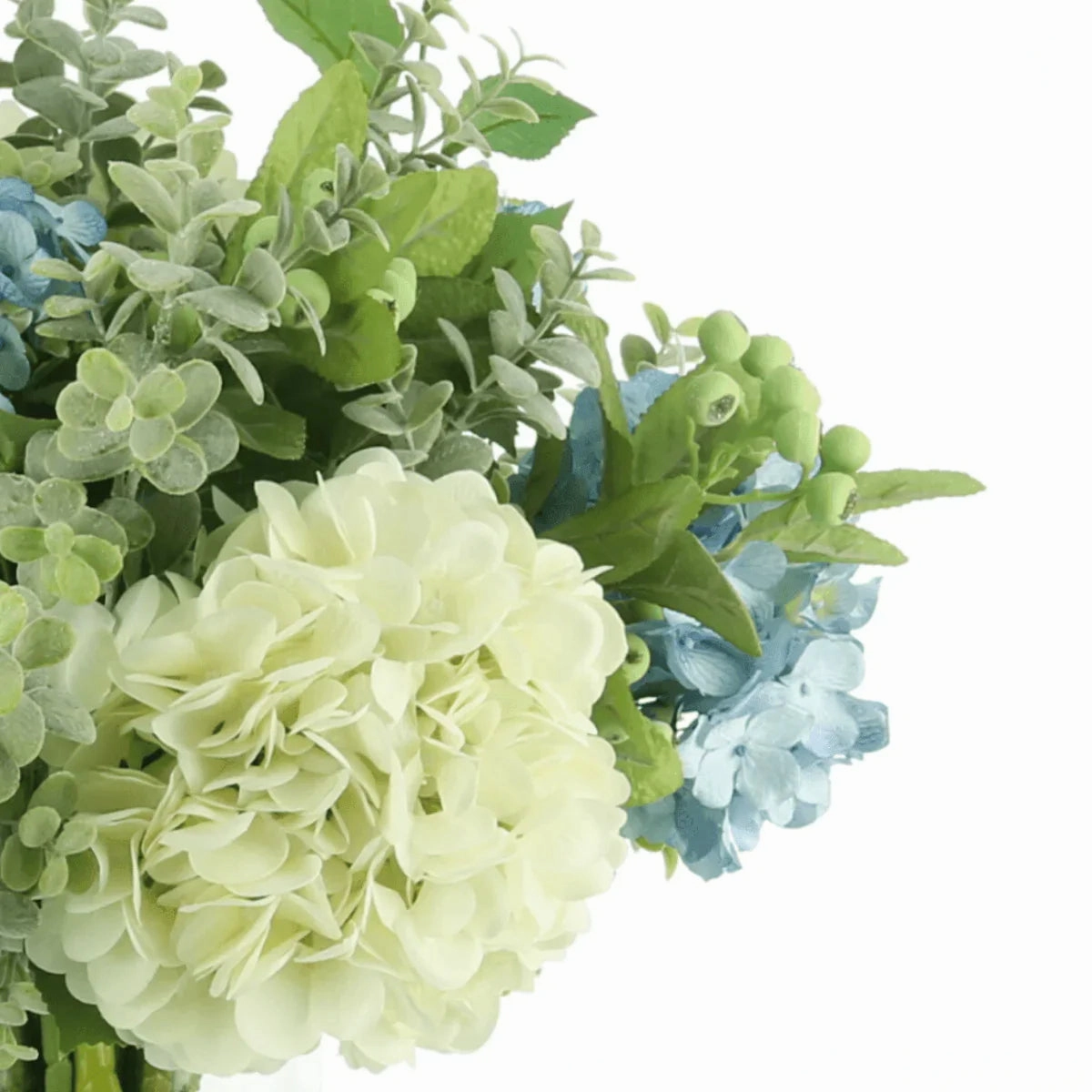 Faux Blue, White & Green Hydrangeas, Berries and Eucalyptus in a Glass Vase