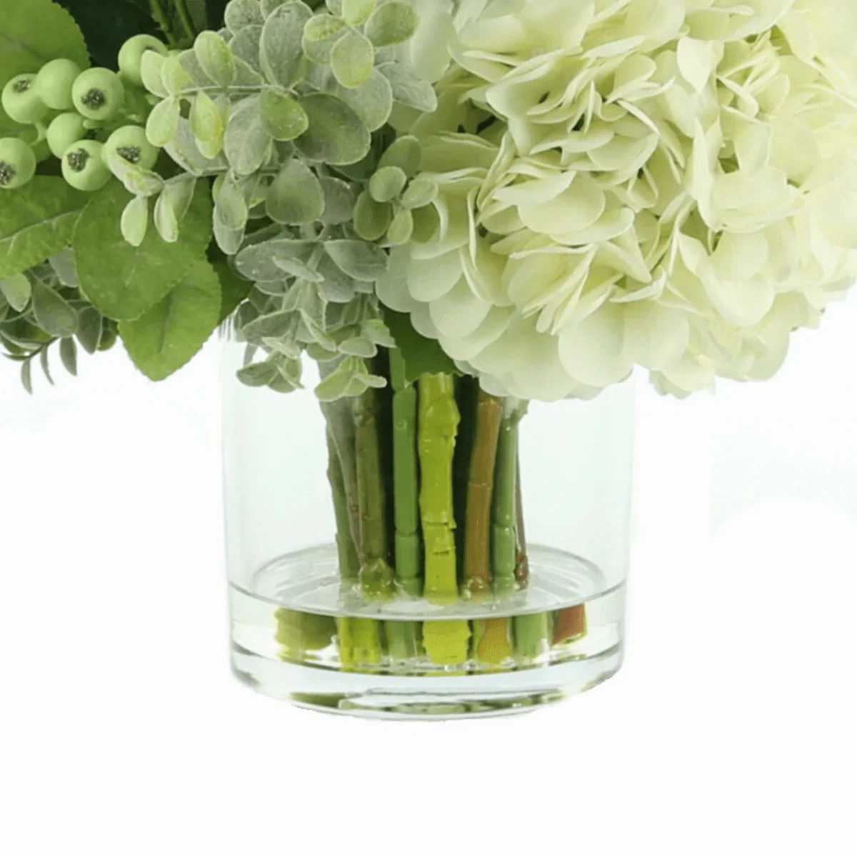 Faux Blue, White & Green Hydrangeas, Berries and Eucalyptus in a Glass Vase