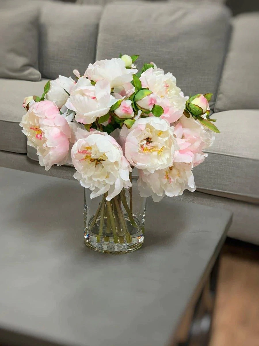 Faux Blush Pink Peony Floral Arrangement In Glass Vase