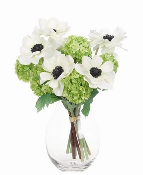 Faux Bouquet of White Anemone and Green Hydrangea in a Glass Teardrop Vase home display ornament
