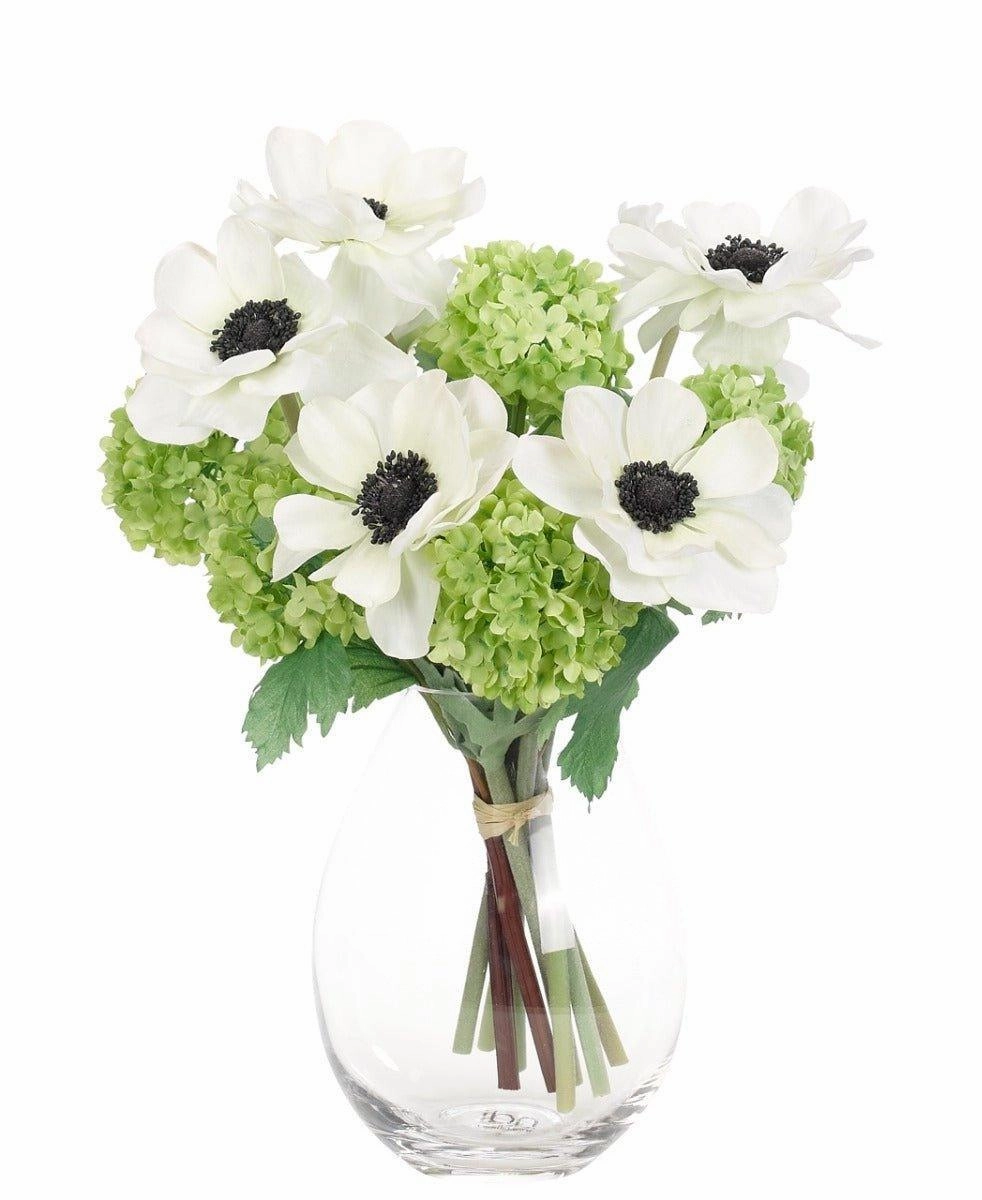 Faux Bouquet of White Anemone and Green Hydrangea in a Glass Teardrop Vase home display ornament
