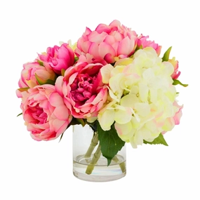Faux Cream and Pink Hydrangea Peony Arrangement in Glass Vase home display ornament