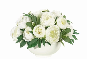 Faux Cream White Peony Arrangement in White Resin Bowl home display ornament