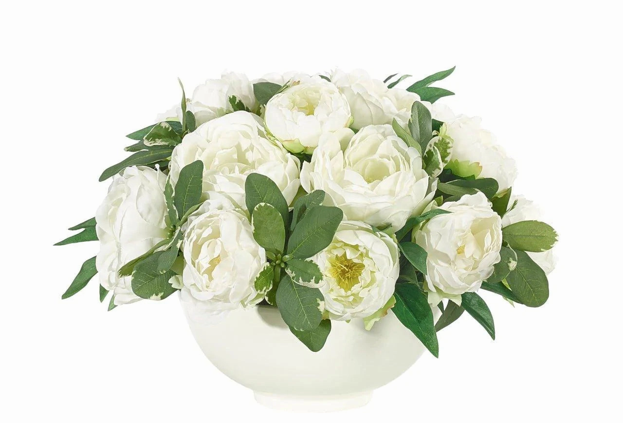 Faux Cream White Peony Arrangement in White Resin Bowl