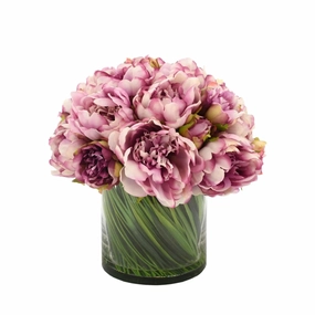 Faux Dark Pink Peonies and Grass Arranged in a Glass Vase home display ornament