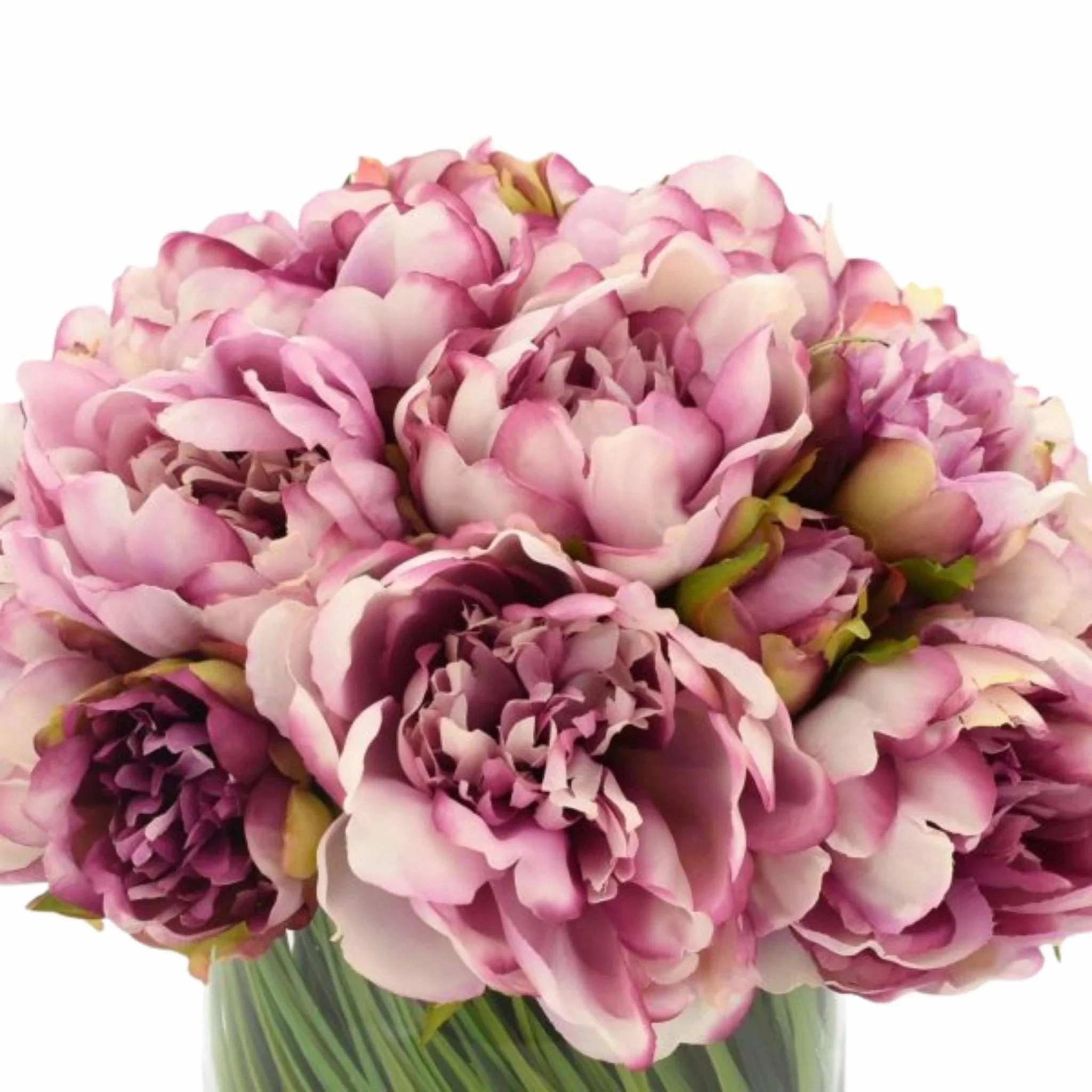 Faux Dark Pink Peonies and Grass Arranged in a Glass Vase