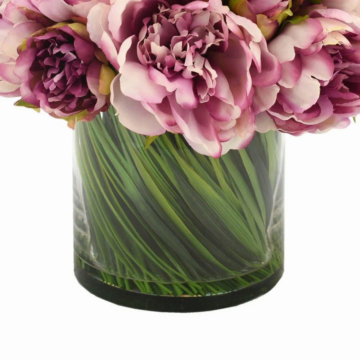 Faux Dark Pink Peonies and Grass Arranged in a Glass Vase