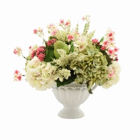 Faux Green and White Hydrangea Arrangement with White Vase home display ornament