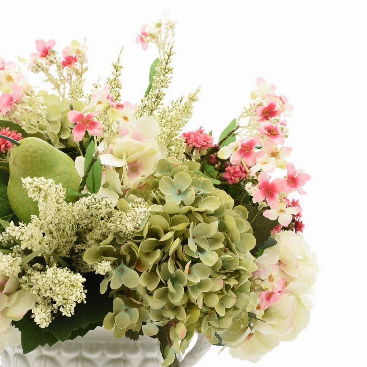 Faux Green and White Hydrangea Arrangement with White Vase