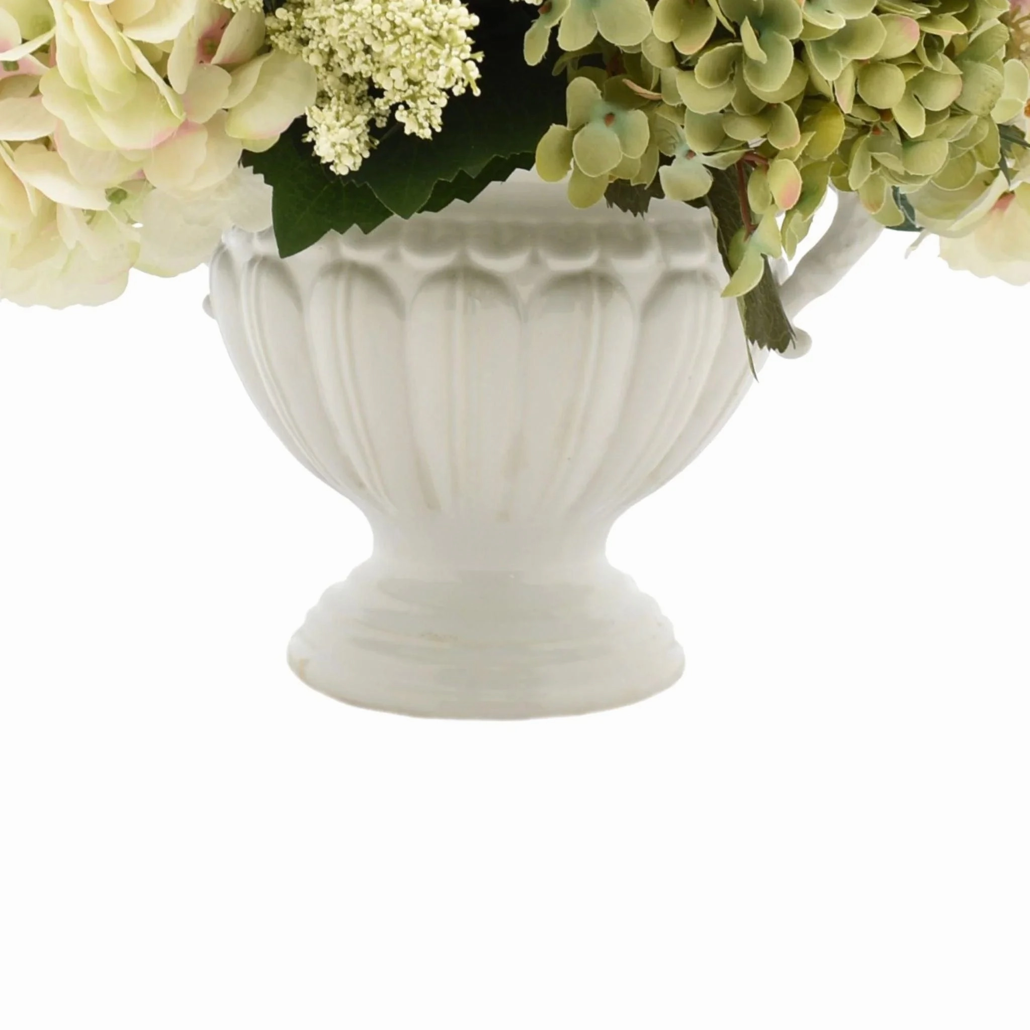 Faux Green and White Hydrangea Arrangement with White Vase