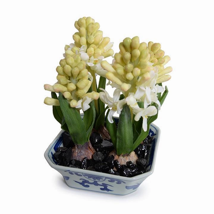 Faux Hyacinth Bulbs in Blue & White Porcelain Dish