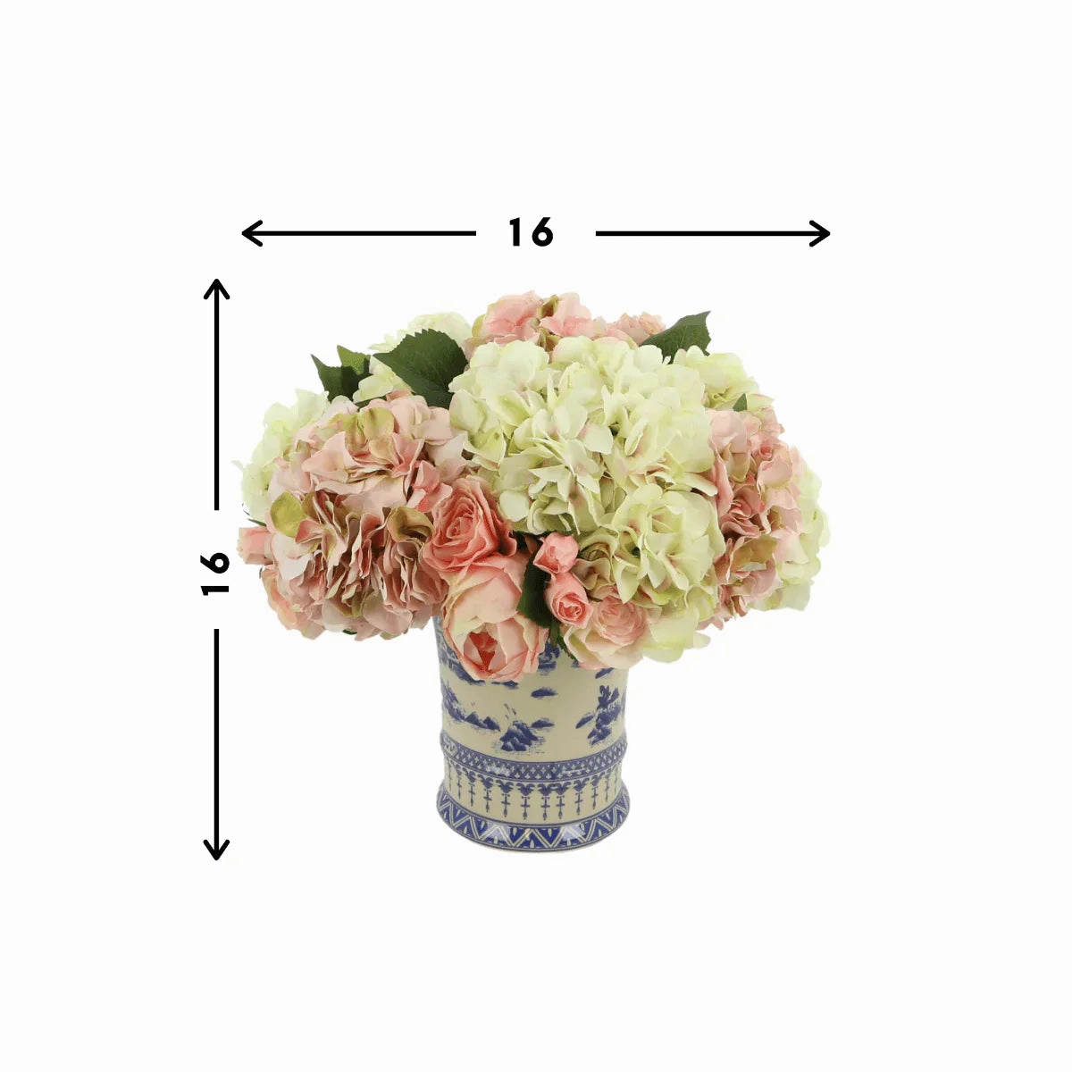 Faux Hydrangeas, Roses & Peonies in a Blue and Cream Ceramic Vase