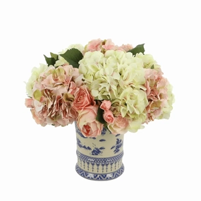 Faux Hydrangeas, Roses & Peonies in a Blue and Cream Ceramic Vase home display ornament