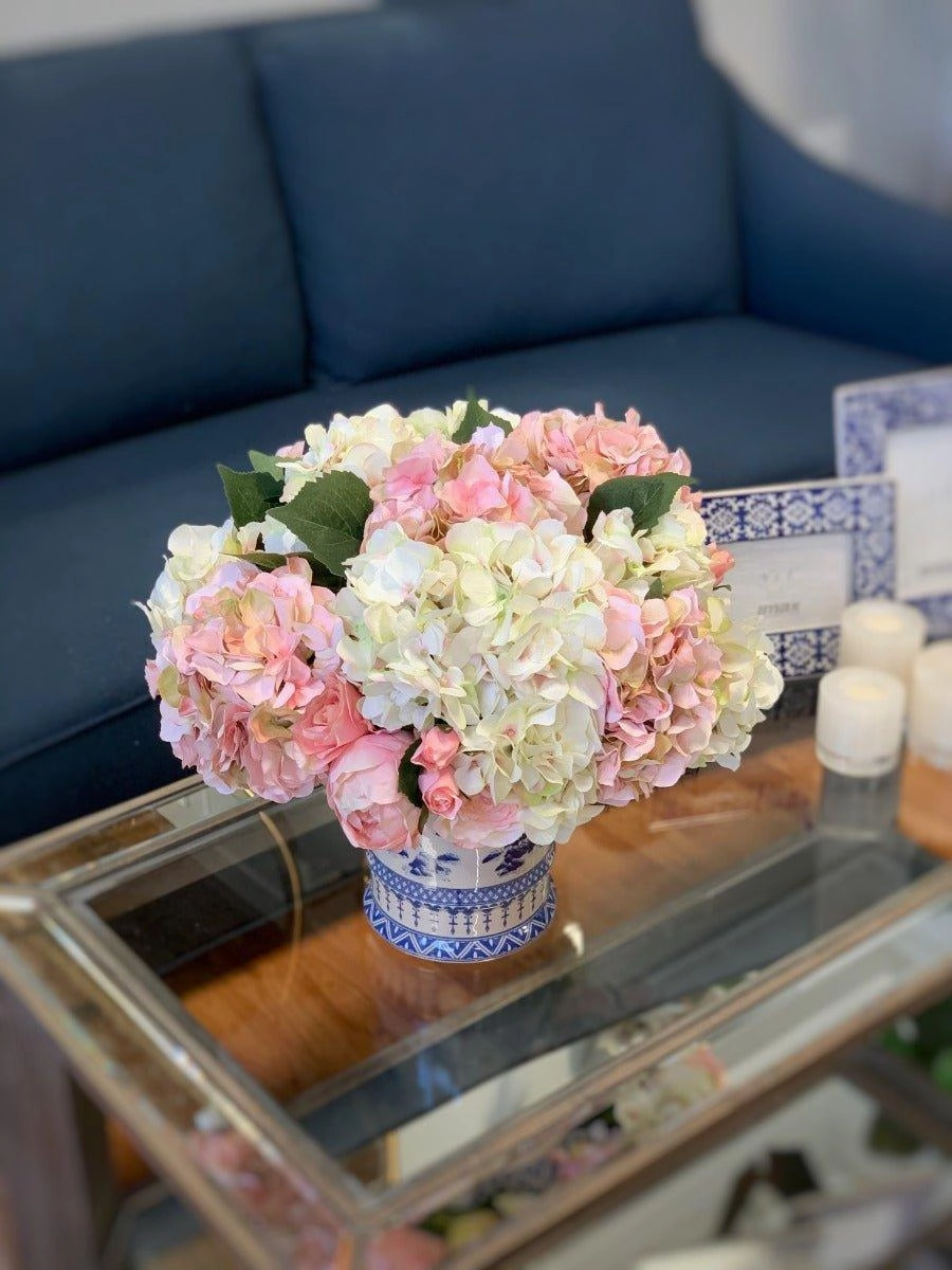 Faux Hydrangeas, Roses & Peonies in a Blue and Cream Ceramic Vase