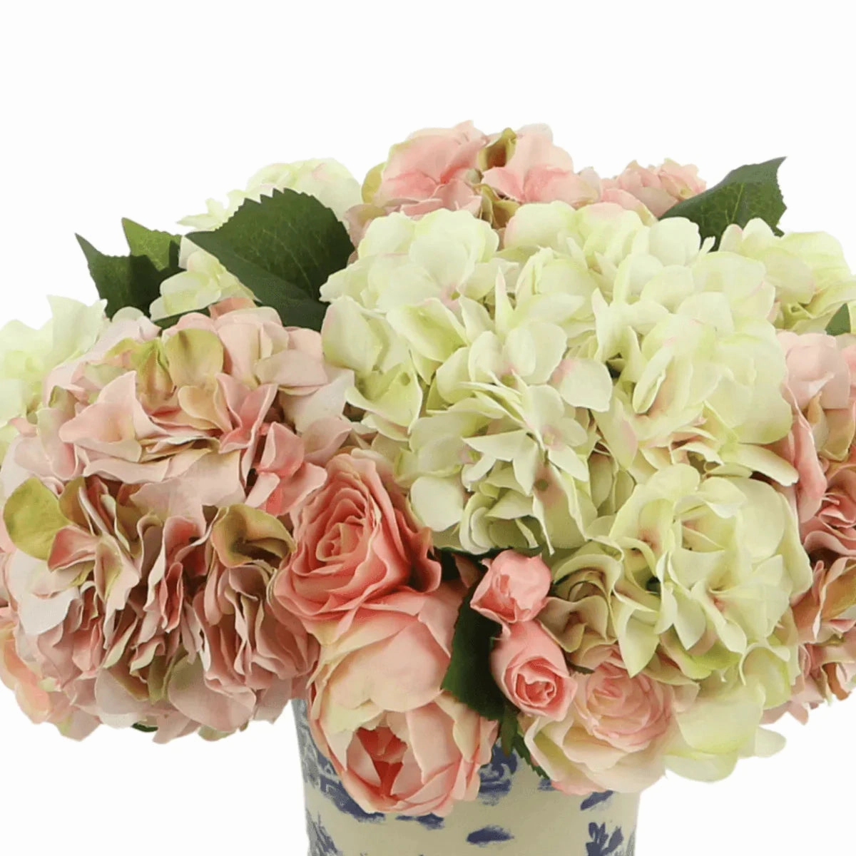 Faux Hydrangeas, Roses & Peonies in a Blue and Cream Ceramic Vase
