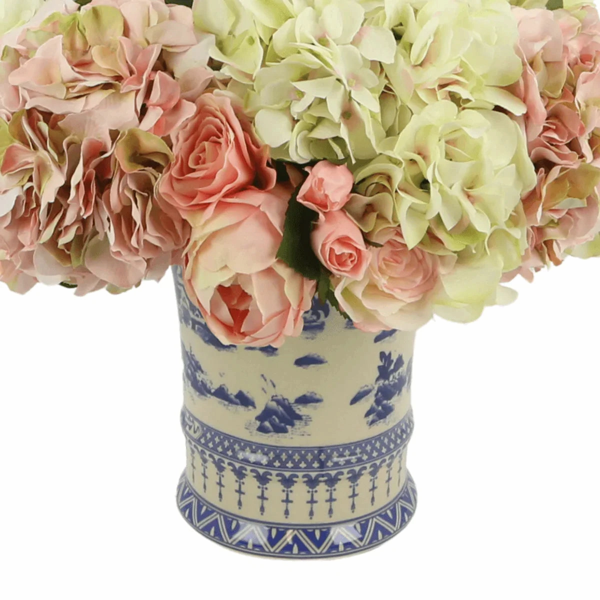 Faux Hydrangeas, Roses & Peonies in a Blue and Cream Ceramic Vase