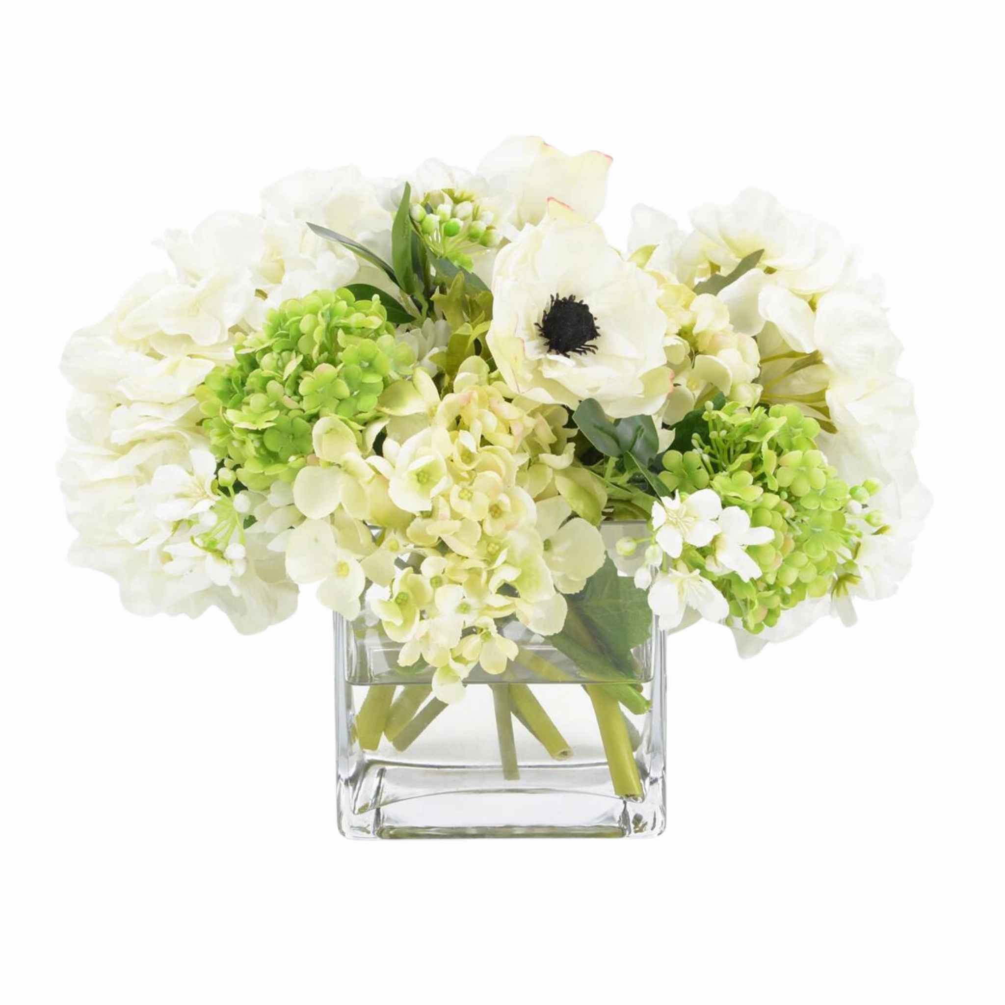 Faux Ivory & Green Floral Bouquet in Glass Cube Vase home display ornament