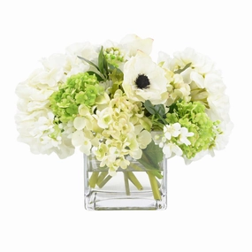 Faux Ivory & Green Floral Bouquet in Glass Cube Vase home display ornament