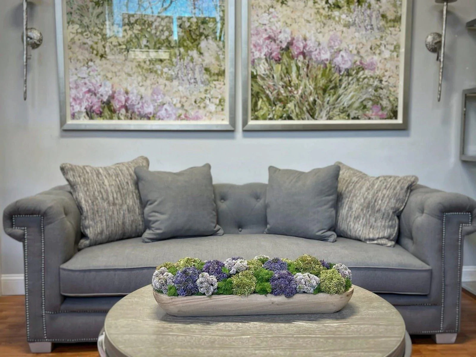 Faux Multicolor Sedum Floral Display in Wooden Bowl