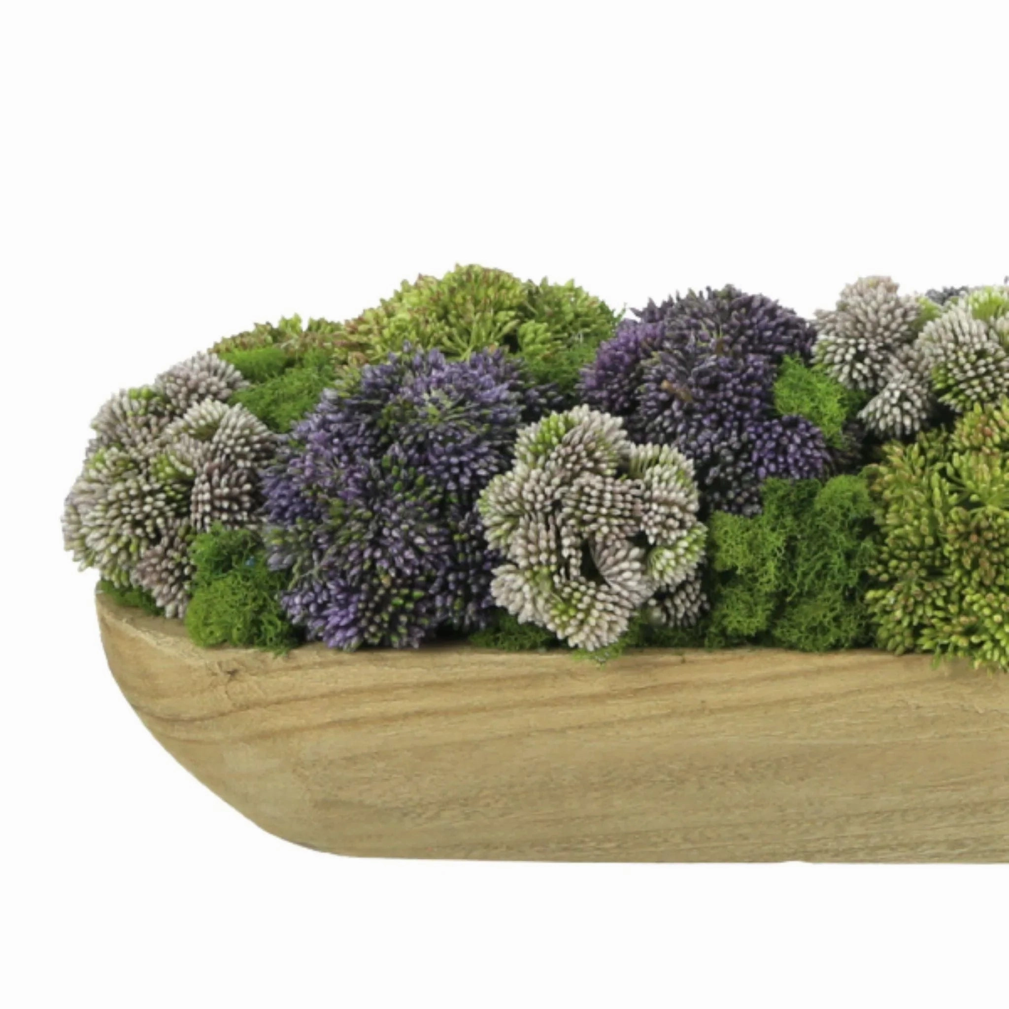 Faux Multicolor Sedum Floral Display in Wooden Bowl